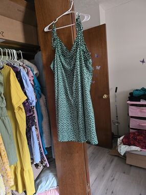 SHEIN Green Polka Dot Tie-Strap Slip Dress